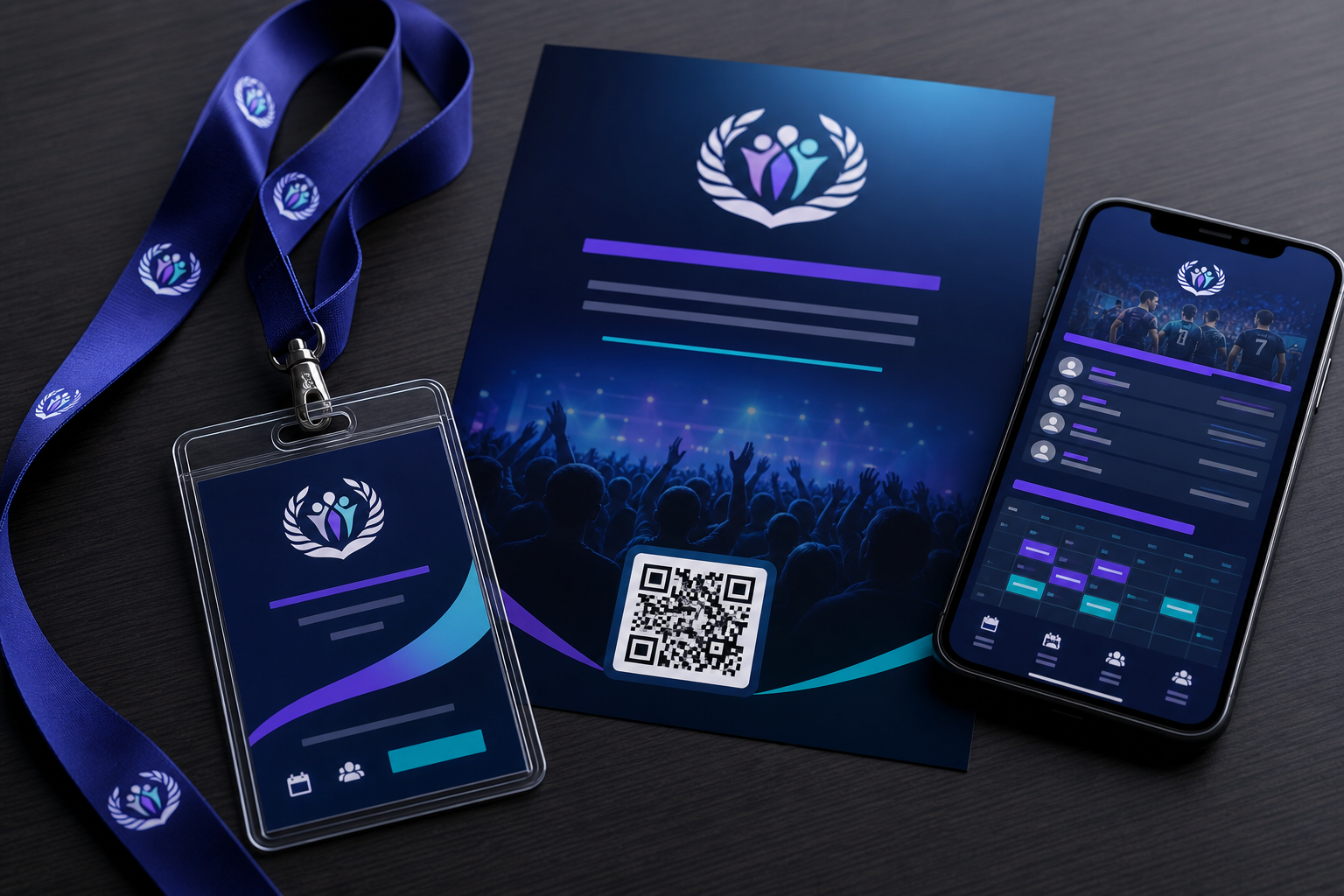 Event badge with QR code and team page on a phone